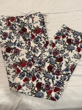 Zara Floral Trousers in White with Red & Blue Blooms